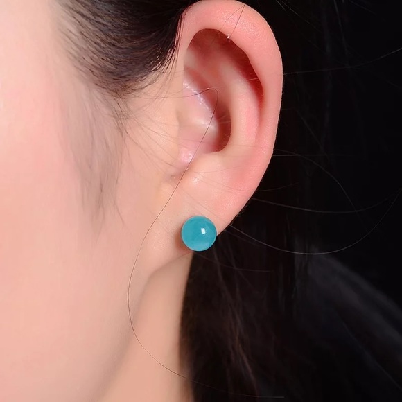 LAST 1! TIFFANY BLUE AMAZONITE STUD EARRINGS - Picture 2 of 5